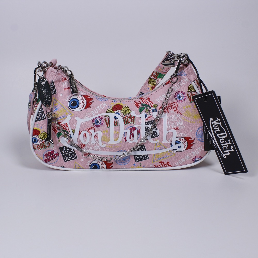 Von Dutch Pink Graphic Monogram Shoulder Bag NWT All-Over Print Y2K Style